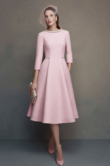 Pink A Line Boat Neck Midi Work Dress